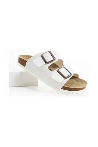 Polomia Comfort Mikanos Aryan Unisex Ortapedik Eva Taban Comfort Çift Bantlı Tokalı Günlük Rahat Sandalet Terlik Beyaz