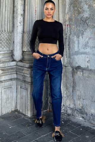 WeShaya Koyu Mavi Yüksek Bel, Mom Jean Kot Pantolon Koyu Mavi