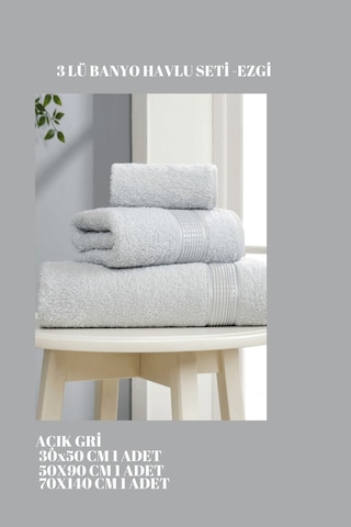 3 Parça Ekonomik Banyo Havlu Seti Pamuklu Ezgi Açık Gri