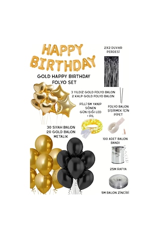 Gold Happy Birthday Folyo Balon Seti Siyah Gold Doğum Günü Parti Süsleri Siyah-gold