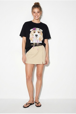 Shade Kadın Baskı Ve Payet Detaylı Fiyonklu Basic T-shirt 7643 60286115 - Siyah