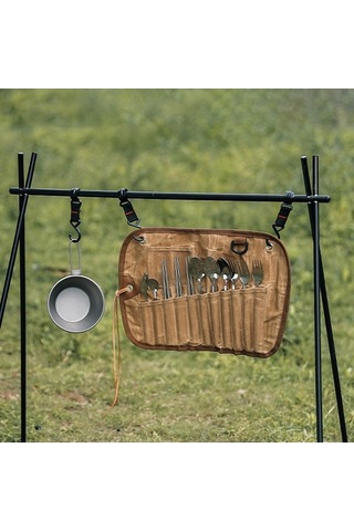 Dancemonkey Kampanya Çantası - 11 Parça Paslanmaz Çelik Yemek Takımı Çatal, Kaşık, Çubuk - Outdoor, Piknik İçin Sarı Sarı