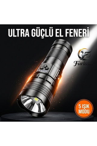 R301 Ultra Güçlü 200w Şarjlı El Feneri - 18650 Model Yedek Pilli Set, 3000m Menzil, Powerbank Özellikli Siyah