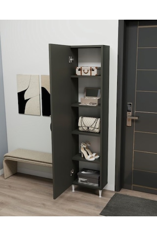 Kapı Arkası Tek Kapaklı 5 Raflı Çok Amaçlı İnce Organizatör Banyo Mutfak Kiler Ardiye Boy Dolabı Antrasit