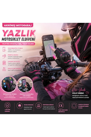 Akgüneş Motogaraj Pembe Motosiklet Eldiveni Yazlık Hava Alan Korumalı Dokunmatik Uyumlu Ts En 13594 Sertifikalı Kadın Motosiklet Eldiveni