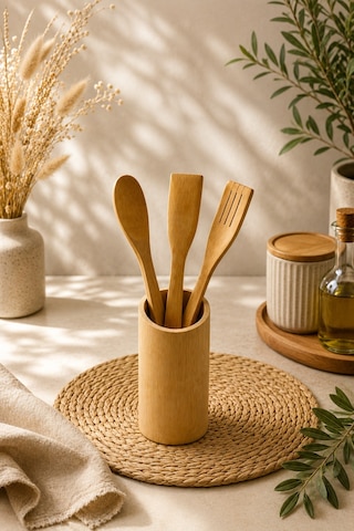 Tezgah Masa Üstü Bambu Kaşıklık Organizer Çok Amaçlı Düzenleyici 6 16cm Kaşık Hediyeli Sarı