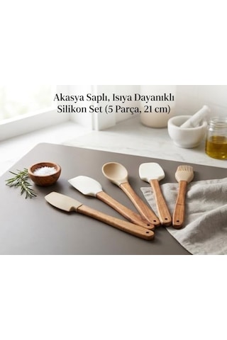 Premium Akasya Odun Saplı Mini Silikon Mutfak Gereçleri Seti - 5 Parça, Isıya Dayanıklı, Yapışmaz Yüzey Dostu, Bej Ve Ekru Renk Seçenekli 0