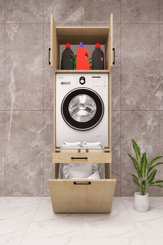 Mdf Çamaşır Makinesi Dolabı Sepetli Ahşap Lefkas Meşe
