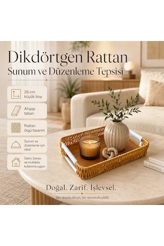 Dikdörtgen Rattan Küçük Boy Sunum Ve Düzenleme Tepsisi - 26 Cm