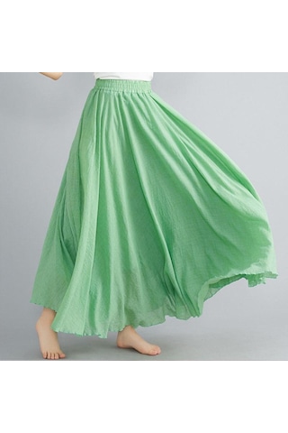 Yaz Sonbahar Kadın Etek Edebi Büyük Boy Pamuk Keten Yarım Etek Elastik Bel Keten A-line Etek Uzun Bölüm Saf Renk Rüzgar Salıncak Etek Elma Yeşili Açık Yeşil