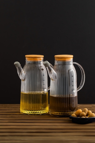 Porsima 2091 Bambu Kapaklı Vakumlu Ölçekli Borosilikat Cam 2li Yağdanlık Yağlık Sirkelik Seti 1000ml Şeffaf