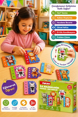 Puedo İlk Kelimelerim Eva Puzzle Hayvanlar 41 Parça Eğitici 3+ Çocuk Oyuncak Seti