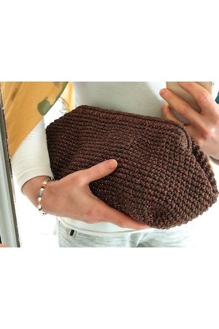Parlak Tutmalı El Çantaları , El Yapımı Işıltılı Clutch, Örgü El Çantası Kahverengi