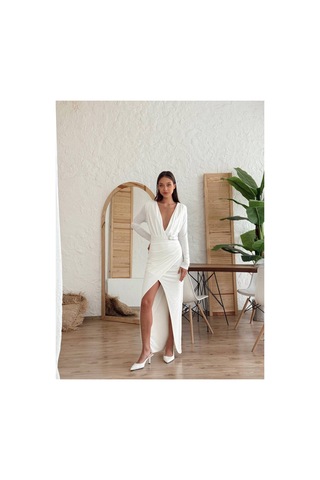 Can Çapar Kadın Abiye Derin Degaje Yaka Likralı Kemer Detaylı Bodycon Maxi Elbise - Abiye & Mezuniyet Elbisesi Beyaz