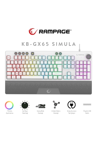 Kb-gx65 Sımula Beyaz Usb Rgb Aydınlatmalı 4 Makro Tuşlu Bilek Destekli Gaming Oyuncu Klavyesi