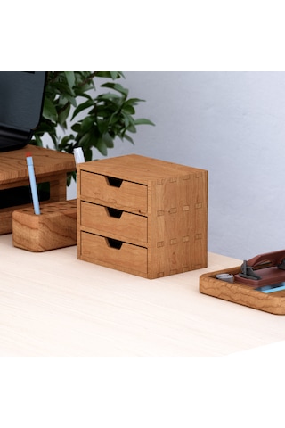 Desna Üç Katlı Üç Çekmeceli Mini Dolap - Kiraz 18 Cm Uzunluk X 12.1 Cm Derinlik X 15.8 Cm Woodsaka Doğal Ahşap