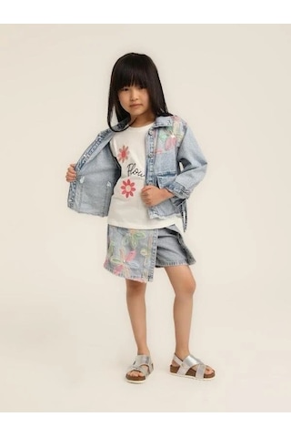Kız Çocuk Çiçek Desenli Kot Ceket-15617 Mavi