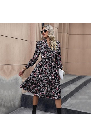 Bahar Kadın Elbise Mizaç Zarif Baskılı Uzun Kollu Çiçekli Elbise Açık Mavi