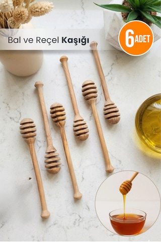 6 Adet - Ahşap Bal Ve Reçel Kaşığı Kavanozluk