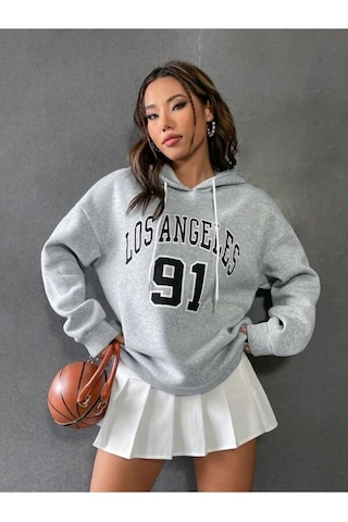 Altamira Unisex Los Angeles 91 Baskılı Oversize Kapşonlu Sweatshirt 001