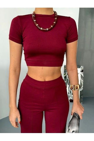 Osy Modal Yumuşak Dokulu Kumaş Kısa Kollu Crop Alt Ispanyol Paça Pantalon Ikili Takım - Bordo Bordo