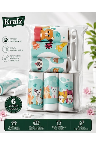 Krafz Kedi Köpek Tüy Toplama Rulosu Seti 1 Ana Rulo + 5 Yedek Rulo, Evcil Hayvan Tüyü, Saç Ve Kıl Temizleme Diğer