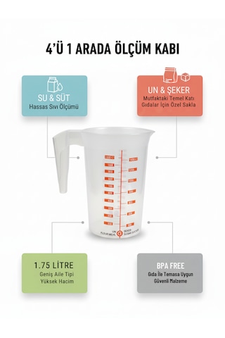1.75 Litre Dereceli Ölçü Kabı - 4 Farklı Ölçüm Birimli Çok Amaçlı Mutfak Kabı - Şeffaf