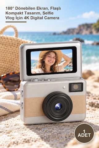 1 Adet Mini Dijital Retro Kamera 180 Dönebilen Ekran, Flaşlı Kompakt Tasarım, Selfie Vlog İçin 4k Digital Camera
