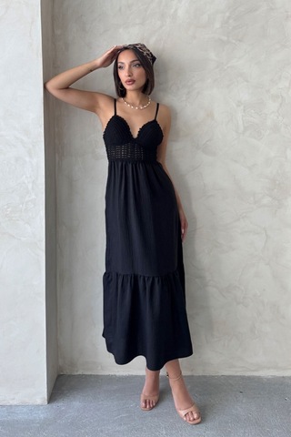 Verymoda Keten Görünümlü Askılı V Yaka Boydan Elbise I D2328 D2328 Siyah