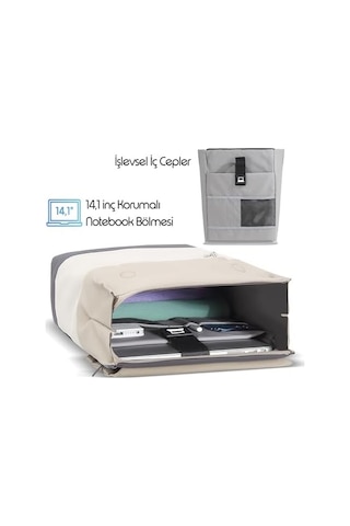 15mins Zen Eco Mce-1305 Sırt Çantası - Çantası, Hırsızlığa Karşı Koruma, Küçük, Mini, 13-14 İnç Laptop, Günlük Ve İş Kullanımı, Şık Tasarım, Üniversite Ve Okul İçin, Bej 12 Gri