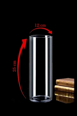 Silindir Cam Vazo 12 Cm Genişlik 25 Cm Yükseklik Kalın Taban Kalın Cam Kesme Beyaz