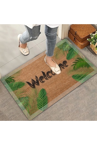 Valerine Life Beyaz Çerçeveli Palmiye Yaprakları Welcome Kapı Önü Paspası 45 x 70 CM