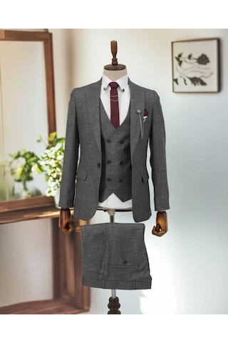 Beystil Sivri Yaka Gri Kırçıllı Takım Elbise Storm- Slim Fit Gri
