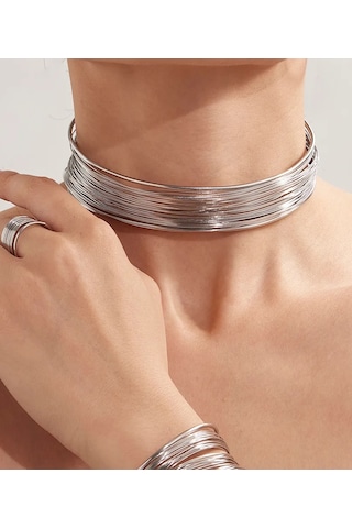 Caş Dekorasyon Gümüş Renkli Metal Choker Kolye Gümüş