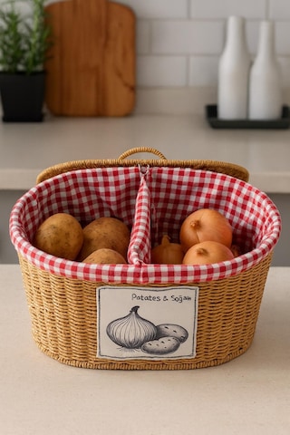 Rattan Patates Soğan Sepeti Pötikare Kumaşlı, Bölmeli, Dekoratif Ve Düzenleyici Kapaklı Sebzelik Kahverengi