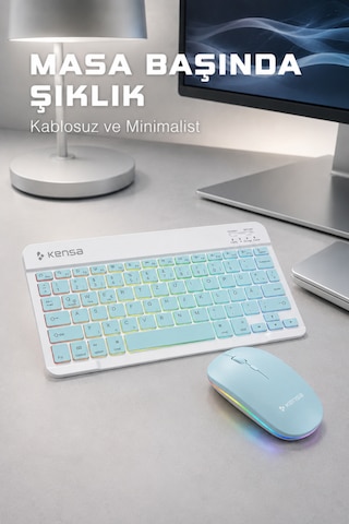 Tablet Ve Bilgisayar İçin Rgb Led Işıklı Taşınabilir Kablosuz Bluetooth Klavye Ve Dongle'lı Mouse Seti Mavi