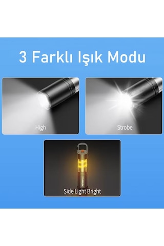 Valkyrie Şarjlı Kamp Feneri El Feneri Type-c Şarjlı Cob Yan Işıklı 3 Modlu Zoomlu Karabinalı Siyah