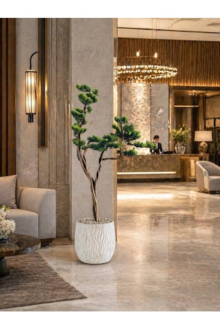 Lüks Yapay Bonsai Çam Ağacı - 170cm Özel Tasarım Kıvrımlı Gövde - Modern Zen Saksılı Dekoratif Ağaç Çok Renkli