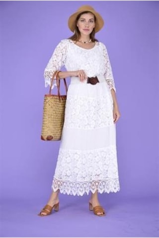 Eren Style İtalyan Sunshine İpek Detaylı Dantelli Elbise Beyaz