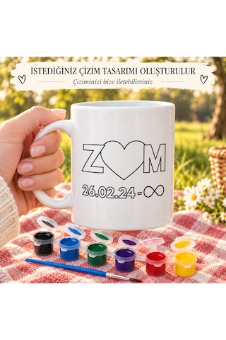 Almera Craft Sevgililere Özel Çizimli Boyanabilir Porselen Kupa Ve 6 Renk Boya Seti Beyaz - Beyaz
