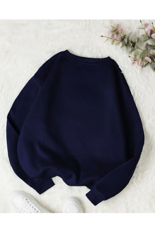 Basic Düz Sweatshirt - Lacivert Oversize Kışlık Kalın Bisiklet Yaka Lacivert