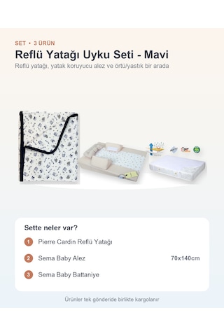 Reflü Yatağı Uyku Seti 3 Parça: Reflü Yatağı + Sema Baby Alez + Sema Baby Battaniye - Mavi