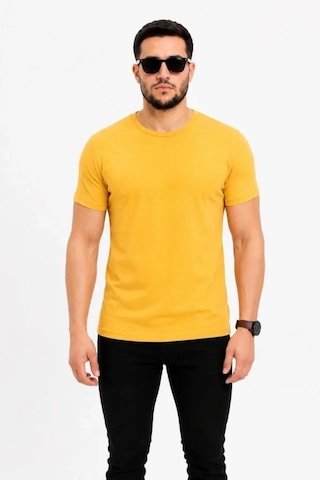 Defymoda Erkek Basic Tişört Bisiklet Yaka Kısa Kol Günlük Yazlık Slim Fit T-shirt - Sarı