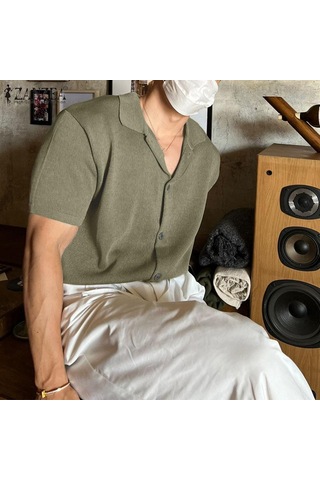 İncerun Erkek Günlük Giyim Düz Renk Örme Kısa Kollu Gömlek Yeşil