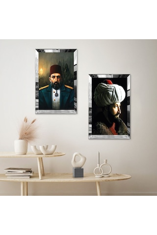 Gümüş Aynalı Pleksi Çerçeveli Fatih Sultan Mehmet Ve Padişah Abdülhamid İkili Mdf Tablo Seti