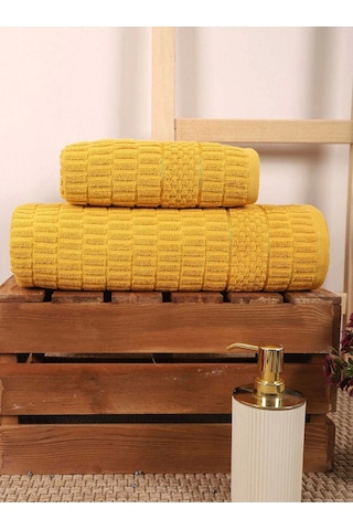 2 Parça Banyo Havlu Takımı %100 Pamuklu Çubuk Desen Sarı Çok Renkli