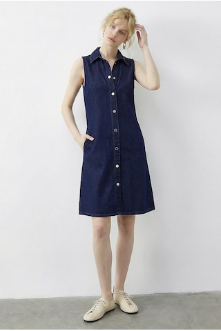 Shade Kadın Çıtçıt Kapamalı Cep Detaylı Gömlek Yaka Denim Elbise 5534 60286004 - Lacivert