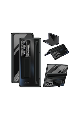 Samsung Galaxy Uyumlu Z Fold7 5g Kılıf Destekli Menteşeli Pc Telefon Kılıfı Temperli Cam Filmi Ve Kalem - Siyah Siyah