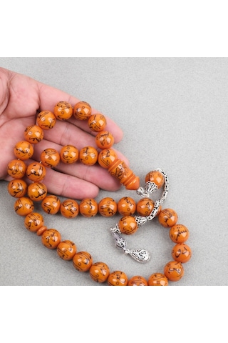 Sıkma Kehribar Allah Cc 99 İsmi Yazılı 925ayar Gümüş Püsküllü Küre Kesim 14mm Tesbih Turuncu