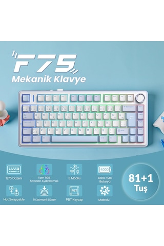Aula F75 Mekanik Rgb Tkl Graywood V4 Switch Kablosuz Makrolu Hot Swap Türkçe Q Klavye Buz Mavisi